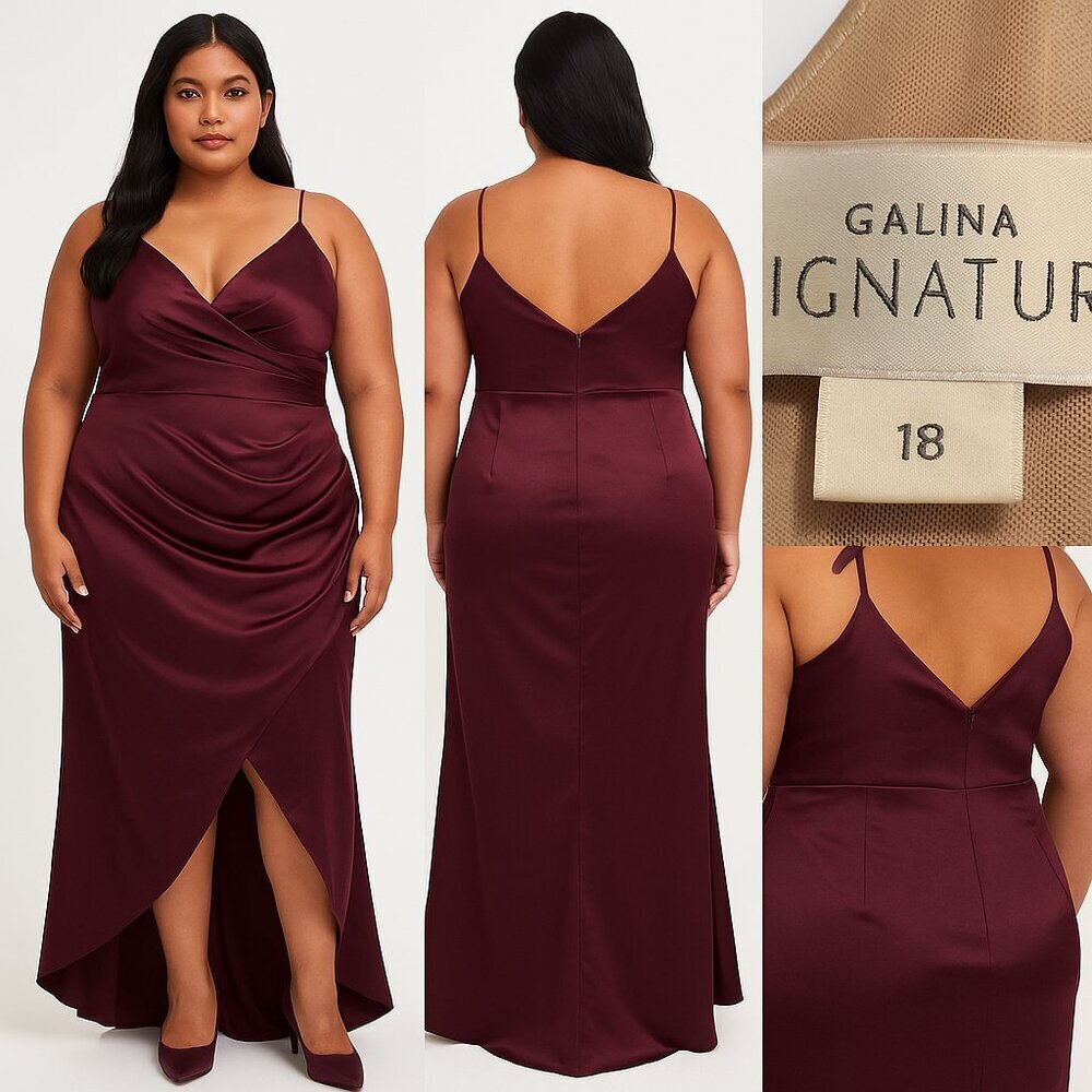 Galina Signature Burgundy Satin Spaghetti Strap Gown Size 18 – Formal Evening Dr